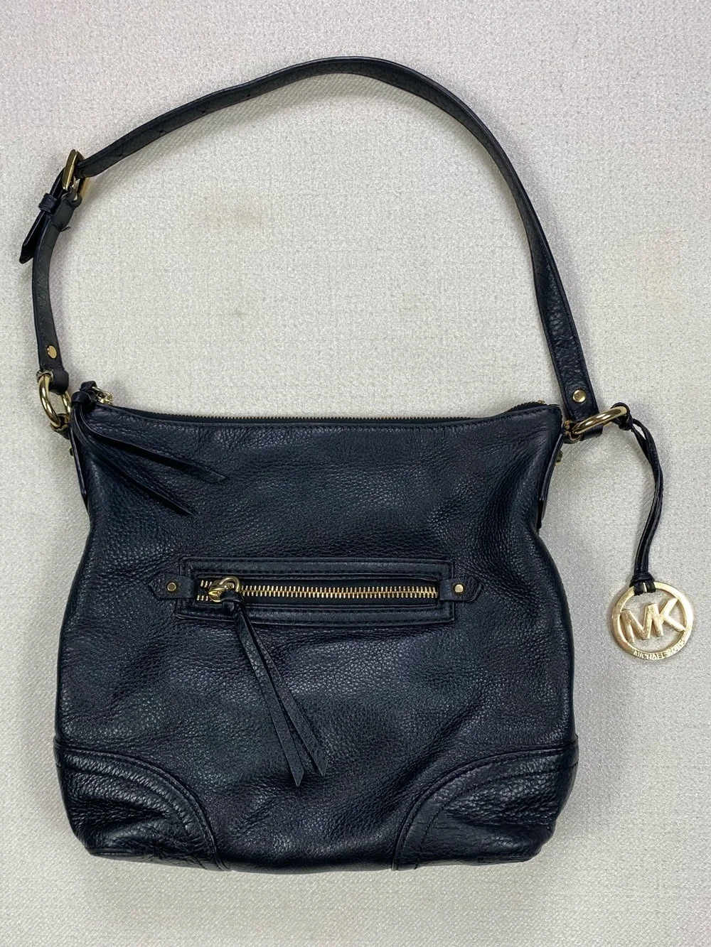 Michael Kors Black Grain Leather Hobo with Gold MK Charm